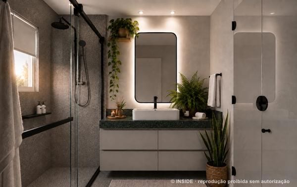 Render de banheiro master com bancada verde e plantas, feito com IA pela INSIDE