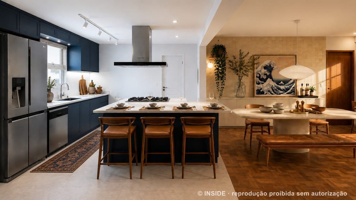 Render fotorrealista de cozinha integrada em luz dourada, feito inteiramente com inteligência artificial pela INSIDE